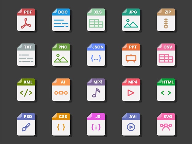 Format pliku dokumentu folder pdf doc xls jpg zip txt png json ppt csv xml ai mp3 mp4 html psd css js