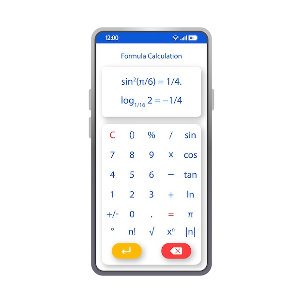 Formuła obliczania szablon wektor interfejsu smartfona. Biały projekt strony aplikacji Kalkulator mobilny. Ekran równań matematycznych. Płaski interfejs użytkownika do obliczania aplikacji. Wyświetlacz telefonu rachunek