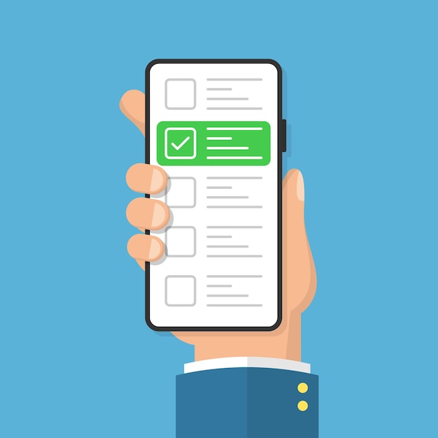 Formularz ankiety online ikona w stylu płaski Ilustracja wektorowa kwestionariusza mobilnego na na białym tle Lista kontrolna na ekranie telefonu znak biznes koncepcja