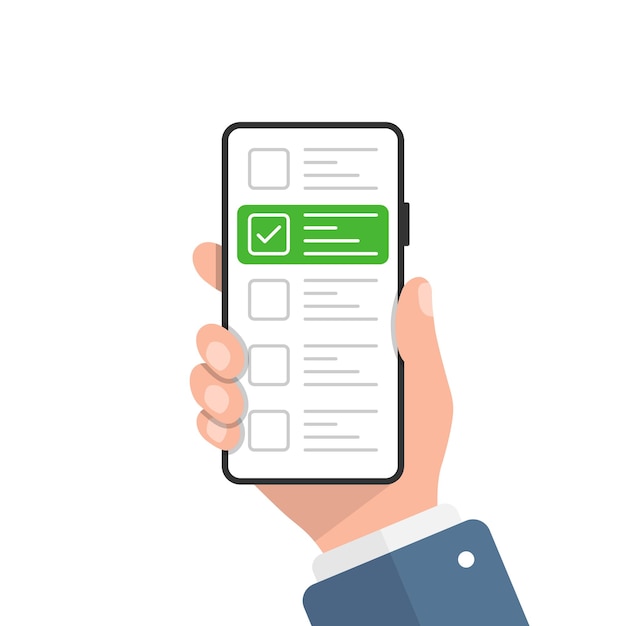 Formularz ankiety online w ilustracji dłoni w płaskim stylu Ilustracja wektorowa kwestionariusza mobilnego na na białym tle Lista kontrolna na ekranie telefonu znak koncepcja biznesowa