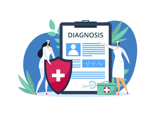 Formularz Diagnozy Zdrowia Dla Opieki Medycznej, Ilustracji Wektorowych. Postać Lekarza Kobiety Stoją W Pobliżu Dokumentu Medycyny O Chorym Pacjencie. Formularz Recepty Szpitalnej Z Symbolem Płaskiej Kliniki.