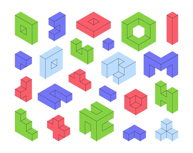 Formy izometryczne Szczegóły konstruktora geometrycznego Bloki gry układanka lub mozaika elementy logiki gry 3D zestaw ilustracji wektorowej Izometria kształty geometryczne na białym