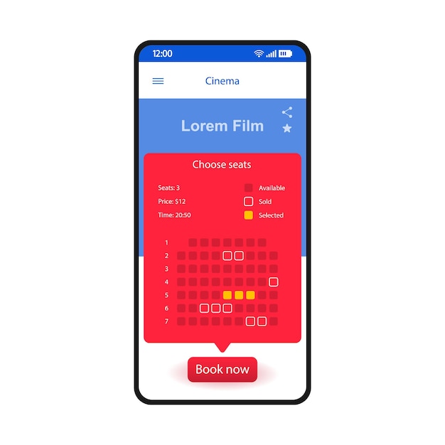 Fotele Filmowe Rezerwacja Szablonu Wektorowego Interfejsu Smartfona. Układ Projektu Strony Aplikacji Mobilnej. Kino, Ekran Zakupu Biletów Na Koncerty. Płaski Interfejs Użytkownika Do Aplikacji. Rezerwacja Miejsc Online. Wyświetlacz Telefonu