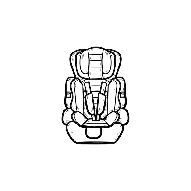 Fotelik samochodowy ręcznie rysowane konspektu doodle ikona. Bezpieczeństwo i transport dzieci, chroń koncepcję podróży dla dzieci. Szkic ilustracji wektorowych do druku, sieci web, mobile i infografiki na białym tle.