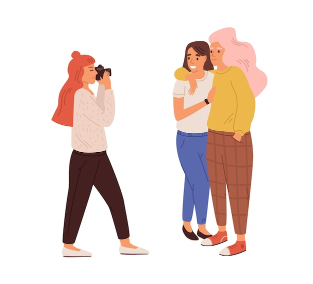 Fotograf biorąc zdjęcie pary lesbijek miłości. Młoda kobieta z kamery strzelanie portret uśmiechający się koleżanki. Ilustracja kolorowy płaski wektor sesji zdjęciowej na białym tle.