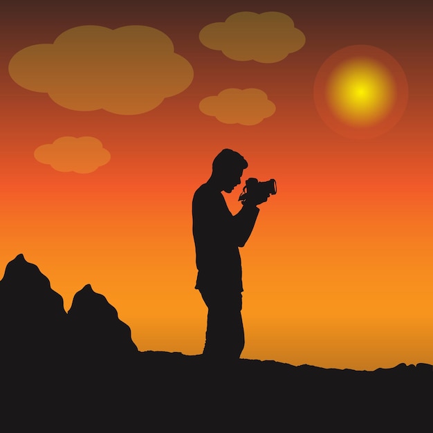 Fotograf robi zdjęcie o zachodzie słońca z kamerą sylwetka wektor krajobraz