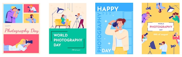 Fotografy, plakaty, profesjonalni fotografowie lub dziennikarze fotograficzni, ludzie, Światowy Dzień Fotografii, media, wydarzenie, broszura, kamera fotograficzna, hobby, zdjęcie, ilustracja wektorowa