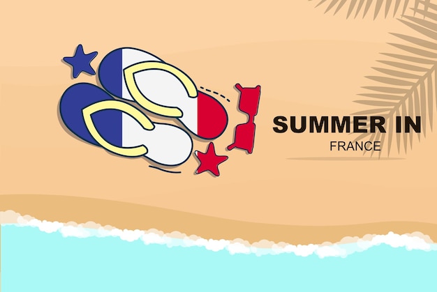 Francja Lato Wakacje Wektor Transparent Plaża Wakacje Klapki Okulary Przeciwsłoneczne Rozgwiazda Na Piasku