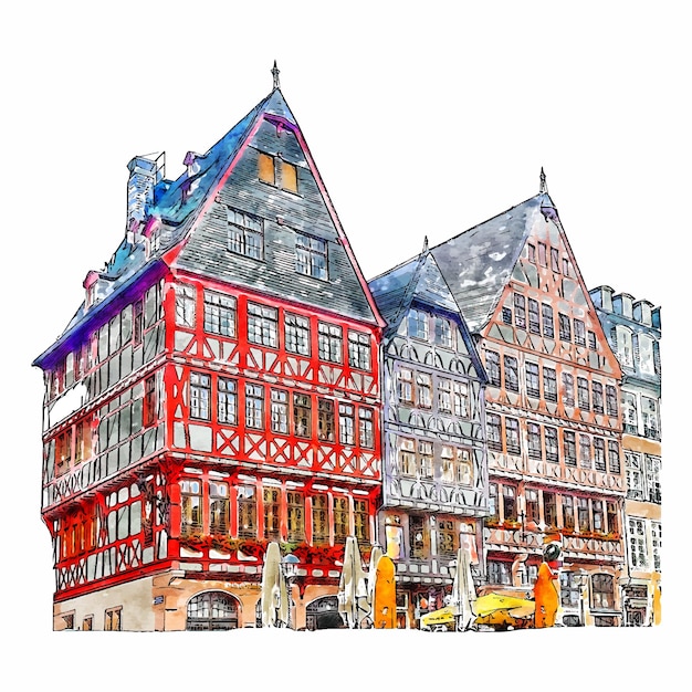 Plik wektorowy frankfurt altstadt niemcy akwarela ręcznie rysowane ilustracja na białym tle