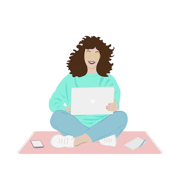 Freelancer Kobieta Siedzi Z Laptopem. Ilustracja Wektorowa ładny W Stylu Płaski Na Białym Tle