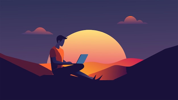 Plik wektorowy freelancer pracujący zdalnie na laptopie podczas zachodu słońca