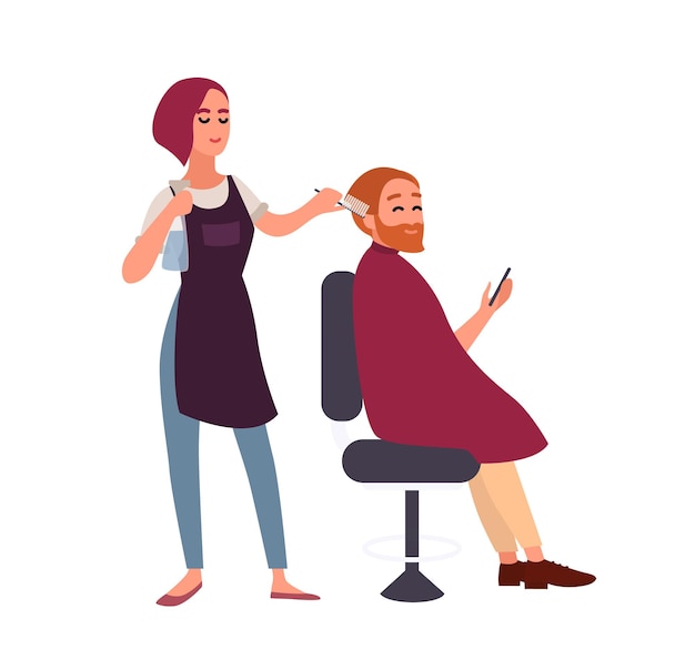 Plik wektorowy fryzjer kobiece stylizacja włosów jej uśmiechnięty klient mężczyzna siedzi na krześle i trzymając smartfon. szczęśliwy człowiek w salonie fryzjerskim na białym tle. ilustracja wektorowa płaski kreskówka