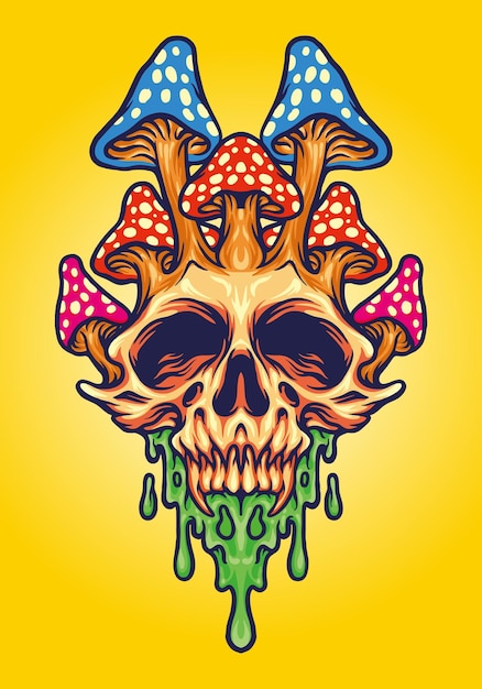 Fungus Skull Psychedelic Melt Ilustracje Wektorowe Do Twojej Pracy Logo, Koszulka Towar Maskotka, Naklejki I Projekty Etykiet, Plakat, Kartki Okolicznościowe Reklamujące Firmę Lub Marki.