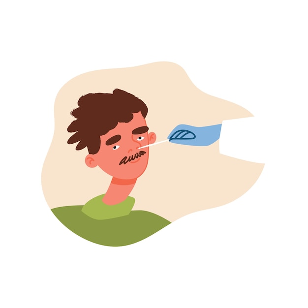 Funkcjonariusz medyczny zbiera testy od pacjenta. Pielęgniarka wykonuje test PCR. Zapobieganie zakażeniu koronawirusem. Ilustracja wektorowa rysowane ręcznie. Wszystkie elementy są izolowane.