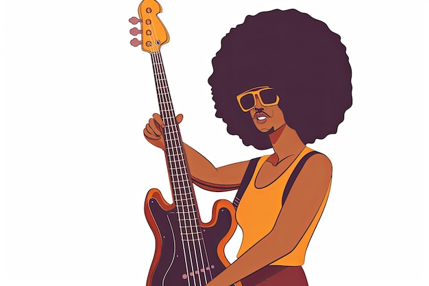 Funky basista afro piłka włosy ilustracja retro styl lat 70. prosty wektor izolowany na białym tle