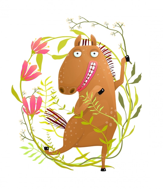 Funny Horse In Flowers Cartoon