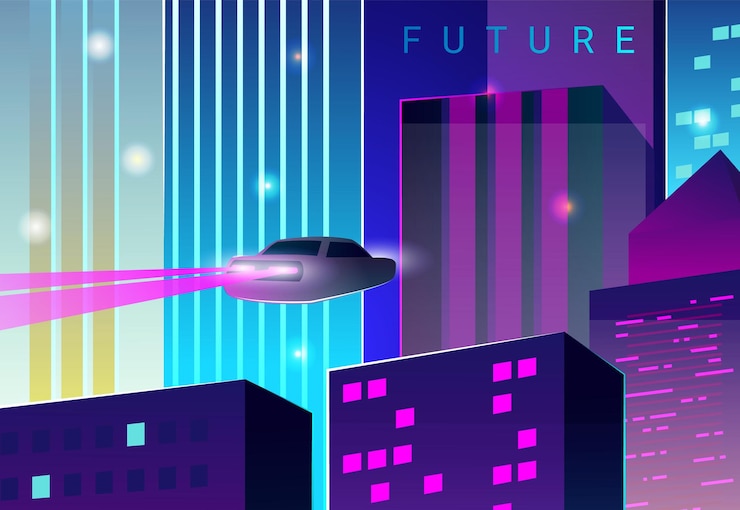 Wektor futuristyczne miasto nocne krajobrazy miejskie miasto przyszłości samochód latający samochód lewitacja w centrum miasta drapacze chmur świetlące budynki architektura miejska skyline cyberpunk tło krajobrazu wektorowego