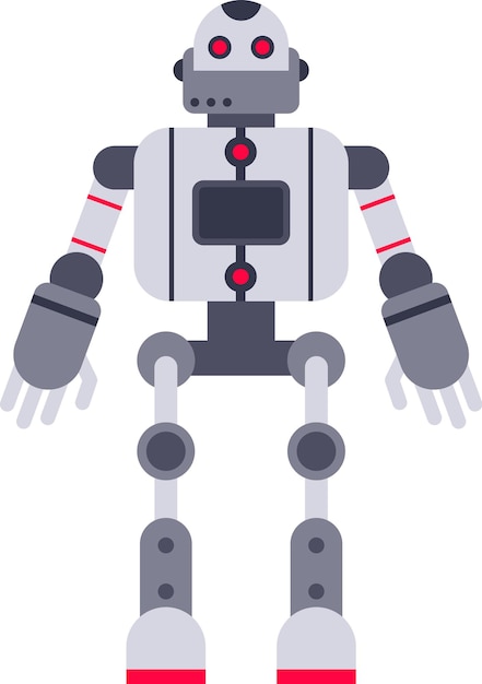 Futuristyczny robot stojący z otwartymi ramionami, czerwonymi świecącymi oczami i ekranem na klatce piersiowej reprezentującym zaawansowaną technologię i sztuczną inteligencję