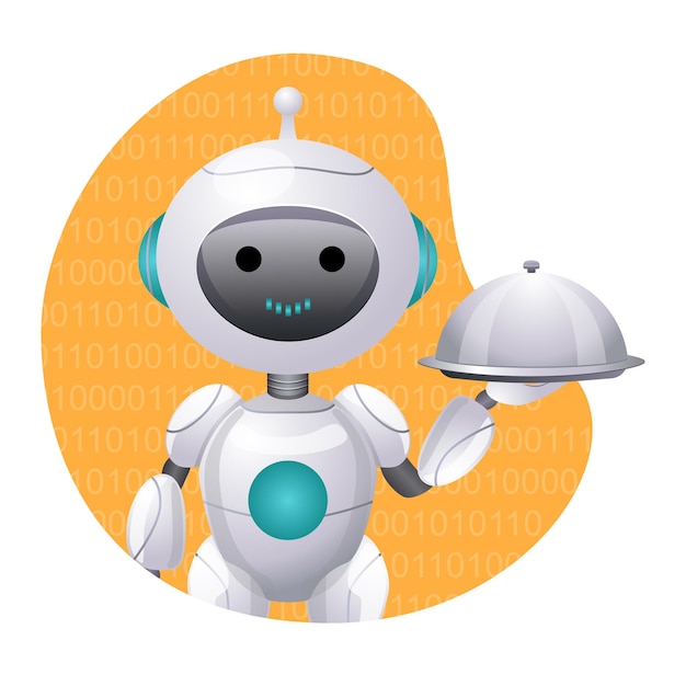 Futuristyczny robot trzymający tacę z jedzeniem na ilustracji wektorowej