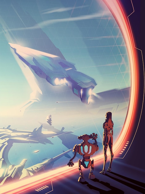 Futurystyczna Kobieta I Robot Wyglądający Przez Okno Z Masywnym Statkiem Kosmicznym Leci W Górę I Miejską Scenerię Na Innej Planecie.