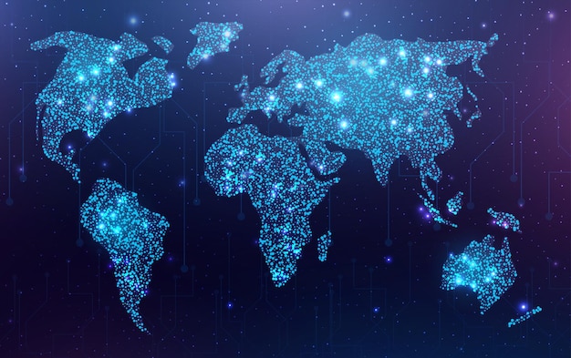 Futurystyczna mapa planety Mapa świata Globalizacja internet i technologia cyberbezpieczeństwo Abstrakcyjne tło ze świecącą mapą Ziemi Ilustracja wektorowa