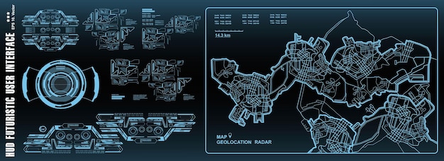 Futurystyczna nawigacja nawigacyjna deska rozdzielcza Mapa GPS Interfejs użytkownika HUD Ekran technologii wirtualnej rzeczywistości