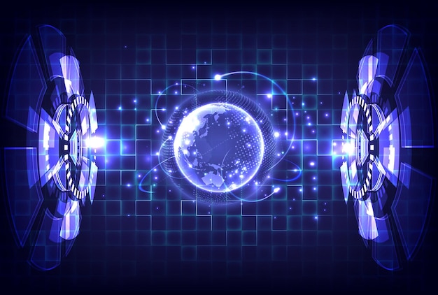 Futurystyczna sci-fi świecąca ramka HUD i ekran interfejsu Abstrakcyjne tło hitech hologramu Wirtualna rzeczywistość holograficzna projektora Cyfrowa cząstka wysokiego komputera Globus komunikacji