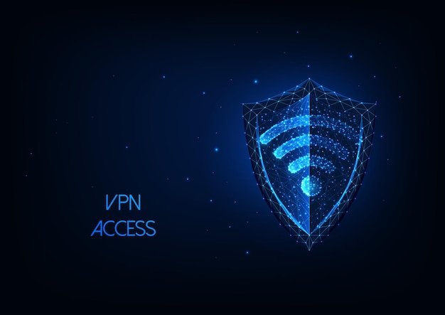 Futurystyczna wirtualna sieć prywatna VPN ze świecącą niską wielokątną tarczą i symbolem Wi-Fi.