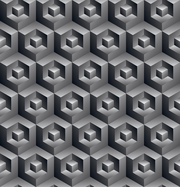 Futurystyczny ciągły czarno-biały wzór, iluzoryczny motyw abstrakcyjne tło z trójwymiarowymi figurami geometrycznymi. Monochromatyczne tło dekoracyjne bezszwowe, może być używane do projektowania i tekstyliów.
