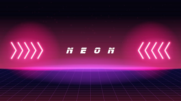 Futurystyczny neon w kształcie strzałki sci-fi wibrujące fioletowe i różowe świecące światła na 3d przechylonej przestrzeni z odbiciem w pustej przestrzeni ilustracji wektorowych