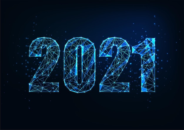 Futurystyczny Nowy Rok Cyfrowy Baner Internetowy Szablon Ze świecącym Niskim Wielokątnym Numerem 2021 Na Ciemnoniebieskim Tle. Nowoczesna Konstrukcja Z Siatki Drucianej.