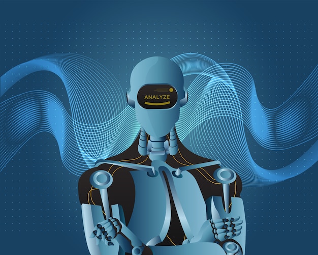 Futurystyczny robot sztucznej inteligencji z falistym stylem tła.