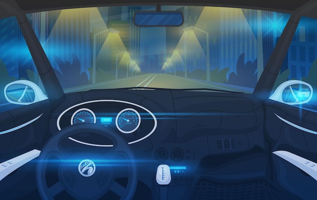Plik wektorowy futurystyczny salon pojazdów elektryczny inteligentny samochód widok kierowcy sterowanie na desce rozdzielczej w inteligentnym samochodzie sterowanie wirtualne lub symulacja automatycznego pilota ruch na drodze tło interfejsu