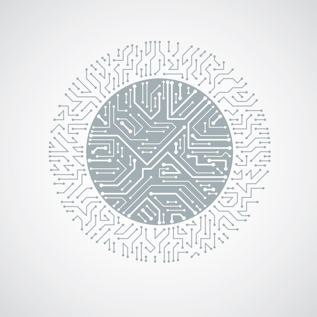 Futurystyczny schemat cybernetyczny, czarno-biały ilustracja wektorowa płyty głównej. Okrągły element z teksturą płytki drukowanej.