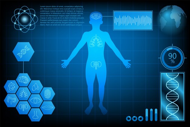 Plik wektorowy futurystyczny technologii nauki koncepcji ludzkiego zdrowia danych interfejsu cyfrowego.