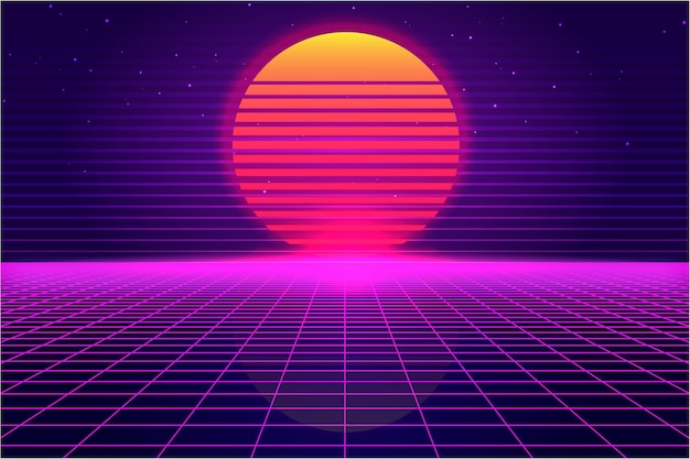 Futurystyczny wektor retro Sci-Fi, tło lat 80. i 90. styl ilustracja 3d. Cyfrowy krajobraz