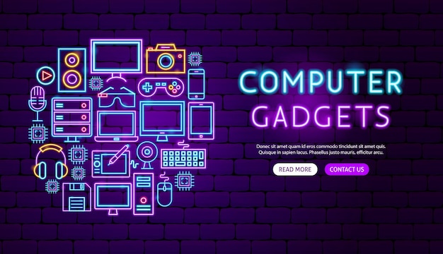 Gadżety Komputerowe Neon Banner Design. Ilustracja Wektorowa Promocji Elektroniki.