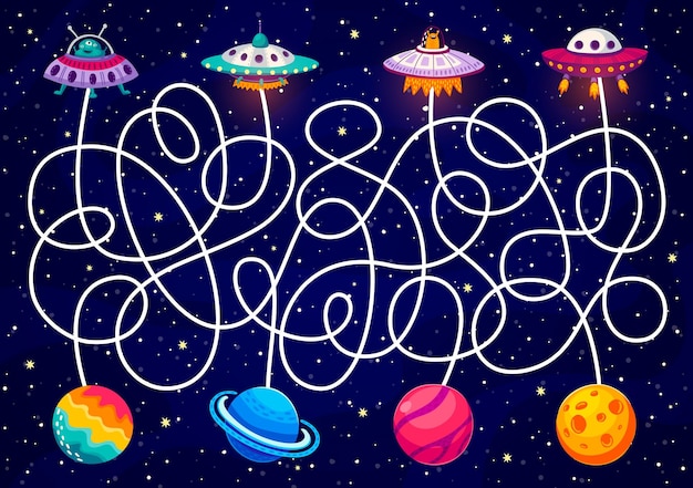Galaktyczny labirynt kosmiczny Pomóż UFO znaleźć planetę gra dla dzieci wektorowy arkusz ćwiczeniowy Cartoon fantasy space puzzle quiz z zabawnymi obcymi postaciami w UFO planety gwiazdy na tle krajobrazu galaktyki