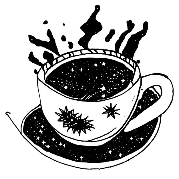 Galaktyka Wewnątrz Filiżanki Herbaty Ręcznie Rysowane Kreskówka Naklejka Ikona Koncepcja Na Białym Tle Ilustracja