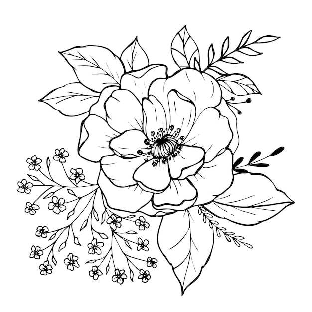 Gałąź kwiatów i liści Grafiki ilustracji wektorowych handdrawn Wiosna lato rośliny