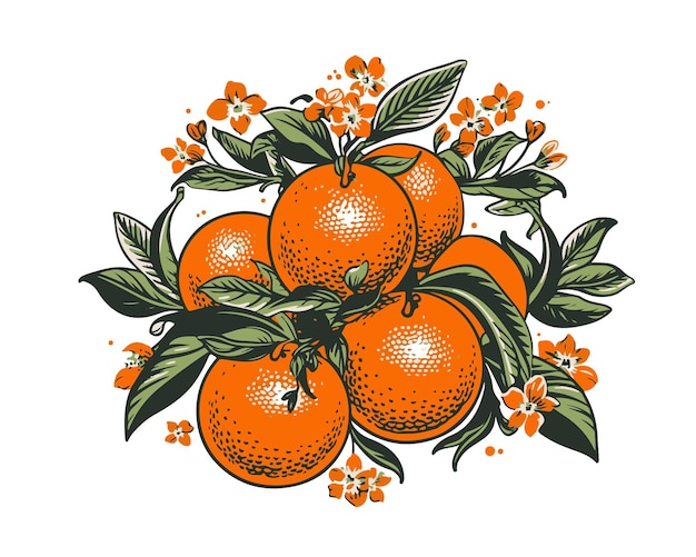 Plik wektorowy gałązka pomarańczy z kwiatami, zielonymi liśćmi, witaminy fitness pyszne soczyste