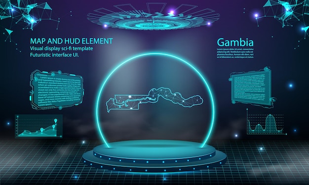 Gambia mapa światło łączące efekt tła abstrakcyjna technologia cyfrowa UI GUI futurystyczny interfejs wirtualny HUD z mapą Gambii Scena futurystyczne podium we mgle