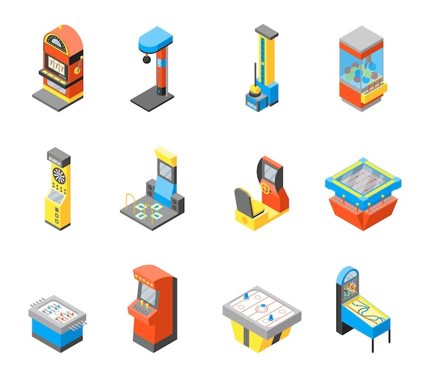 Plik wektorowy game machine 3d icons element set isometric view to arcade and slot vector illustration of gaming icon