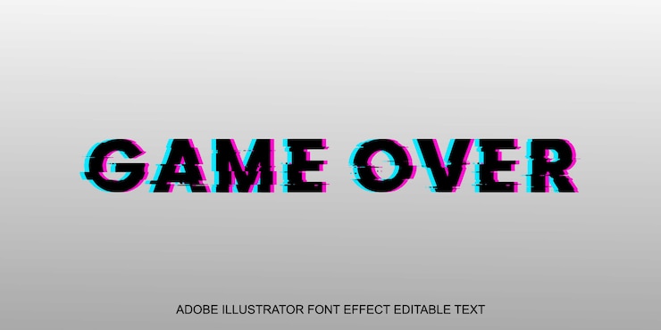 Wektor game over glitch edytowalna czcionka z efektem tekstowym