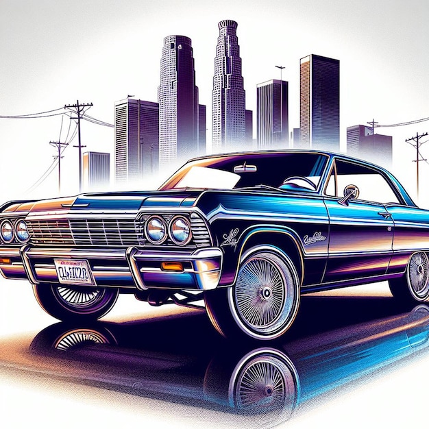 Plik wektorowy gangster hip hop boss la los angeles skyline vintage lowrider niestandardowy chevrolet impala zdjęcie samochodu