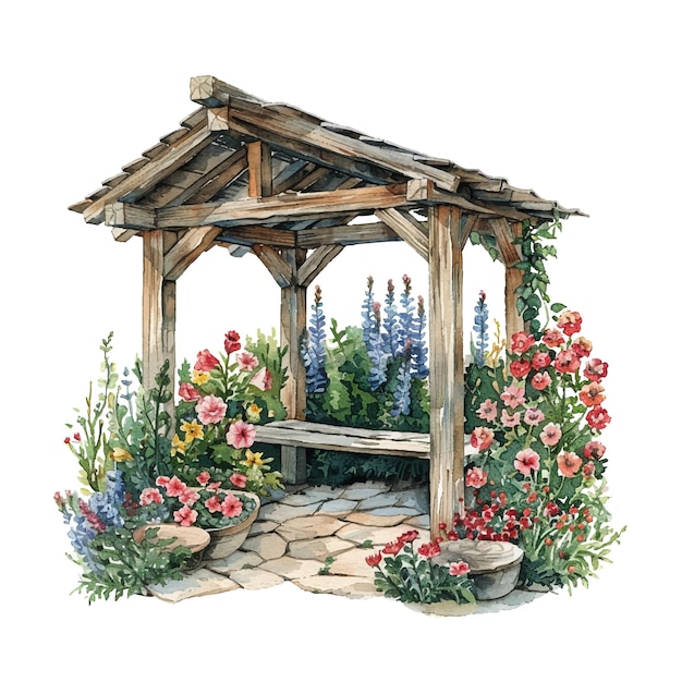 Plik wektorowy garden shelter and flowers vector illustration in watercolour style