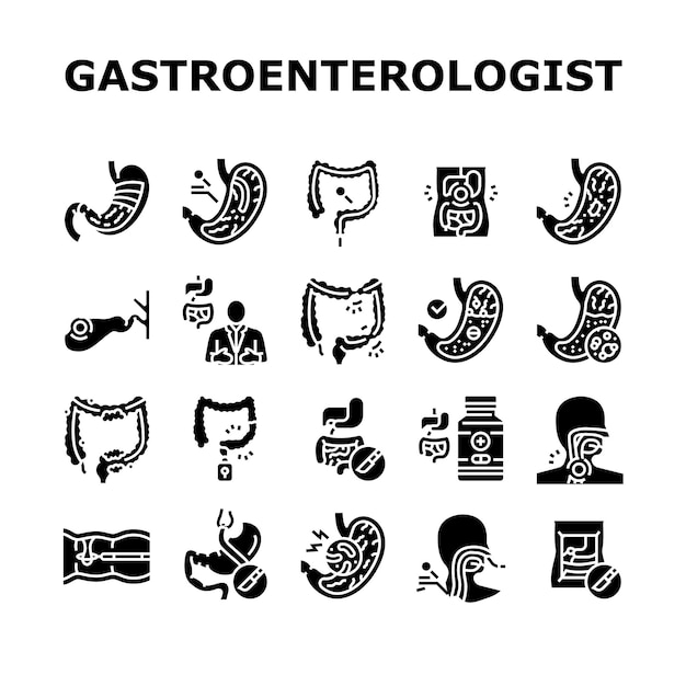 Plik wektorowy gastroenterolog lekarz żołądek zestaw ikon wektor zdrowie gastroenterologia jelita badania medyczna choroba jelit mikrobiota gastroenterolog lekarz żołądek glif piktogram ilustracje