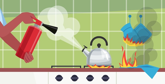 Plik wektorowy gaszenie ognia w ilustracji pół stołu kuchennego. gotowanie czajnika. ręczne użycie gaśnicy. zapobieganie scenariuszom pożaru w kuchni do użytku komercyjnego