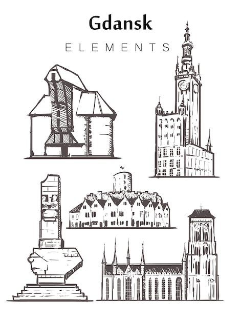 Plik wektorowy gdańsk zestaw szkic budynków na białym tle