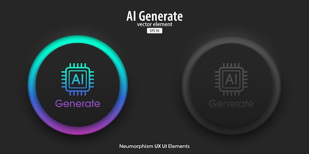 Generatywne przyciski AI Zestaw aktywnych i nieaktywnych czarnych przycisków z generowaniem symboli AI Koncepcja technologii uczenia się sztucznej inteligencji Styl Neumorfizmu UI Projekt UX Ilustracja wektorowa
